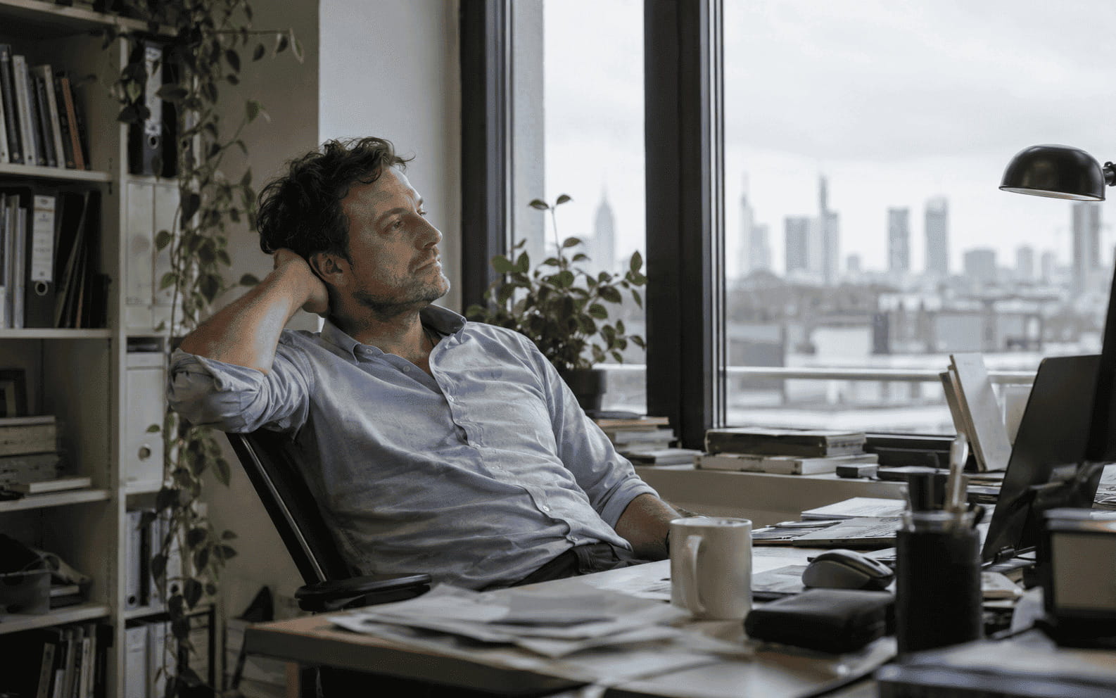 Symbolbild: Nachdenklicher Mitarbeiter am Schreibtisch – festgefahren im Job