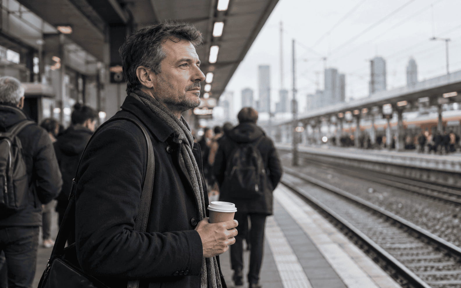 Symbolbild: Pendler mit Kaffee am Bahnsteig denkt über den nächsten Karriereschritt nach