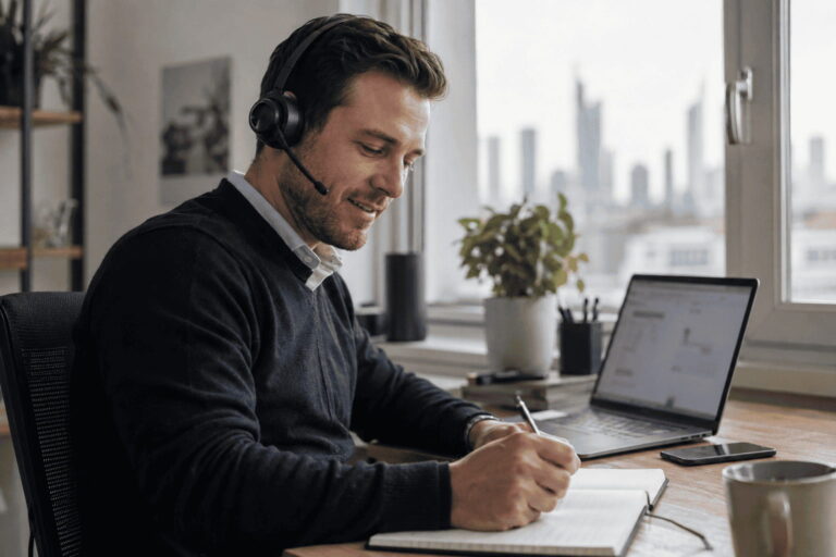 Symbolbild: Berater mit Headset macht sich Notizen im Kandidatengespräch